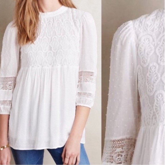 Anthropologie Tops - Anthropologie One September Meta Women’s White Lace Blouse Boho Peasant Cottage